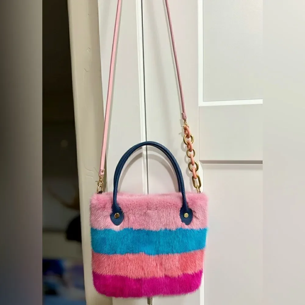 Colorful Striped Handmade Real Mink Fur Mini Tote/Crossbody & Pony Bag Charm